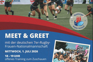 Plakat mit Spielszene und Ank&uuml;ndigung Meet & Greet mit der deutschen zer-Frauennationalmannschaft