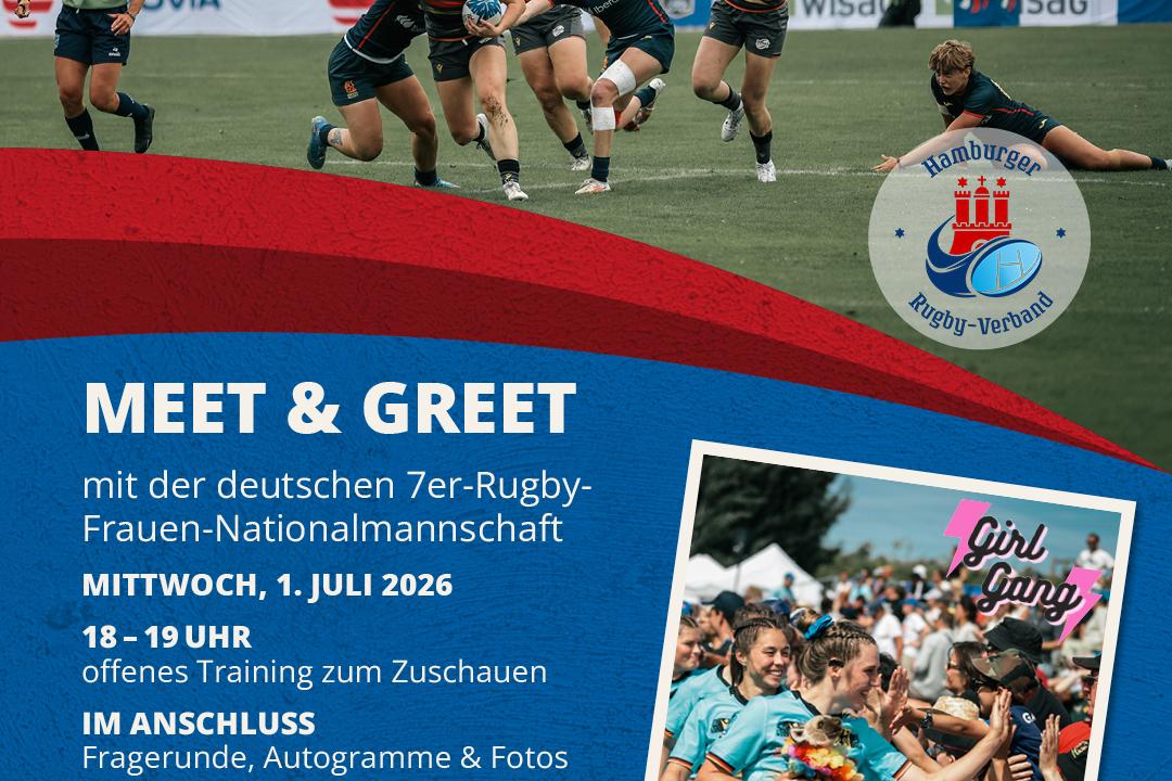 Plakat mit Spielszene und Ank&uuml;ndigung Meet & Greet mit der deutschen zer-Frauennationalmannschaft