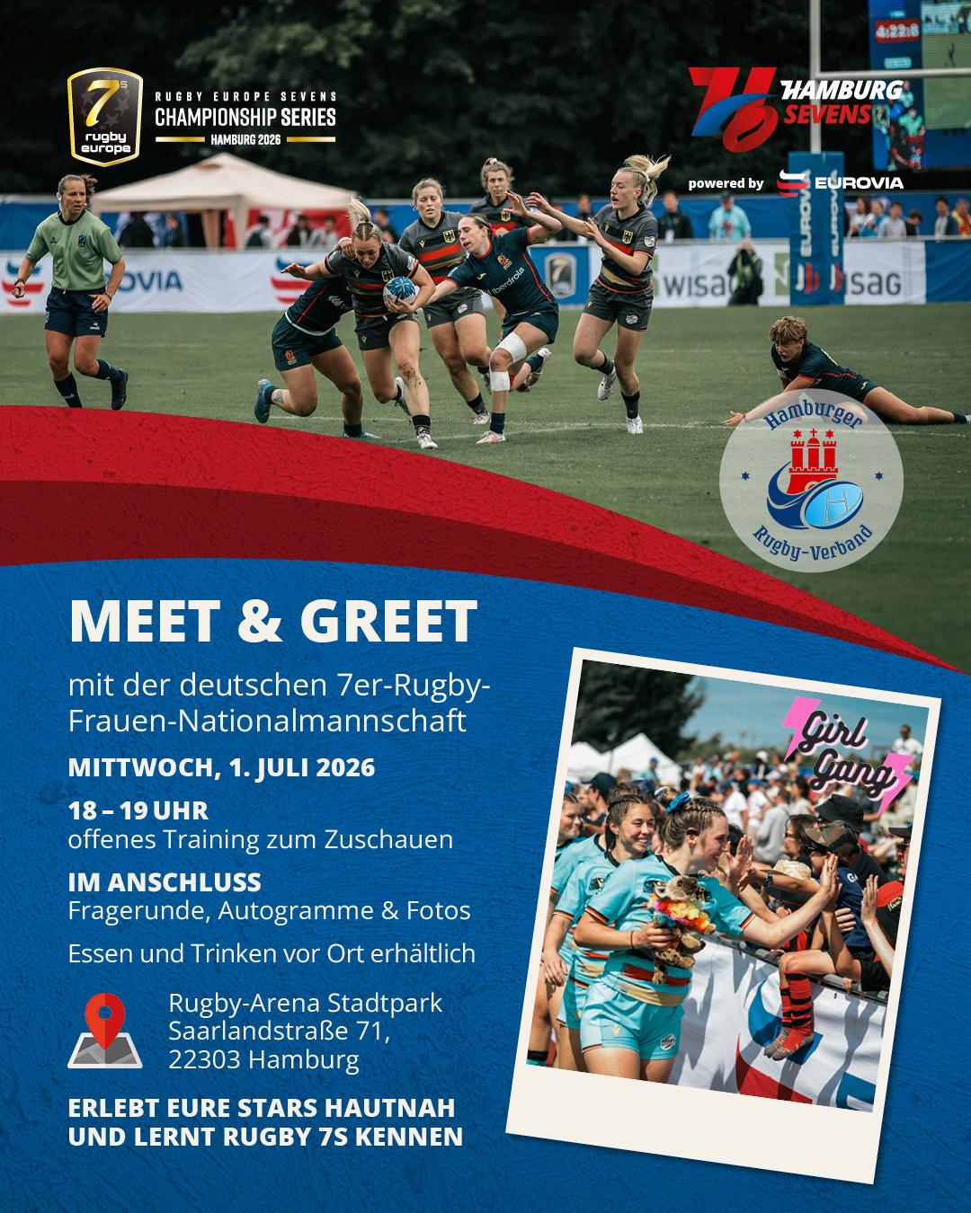 Plakat mit Spielszene und Ank&uuml;ndigung Meet & Greet mit der deutschen zer-Frauennationalmannschaft