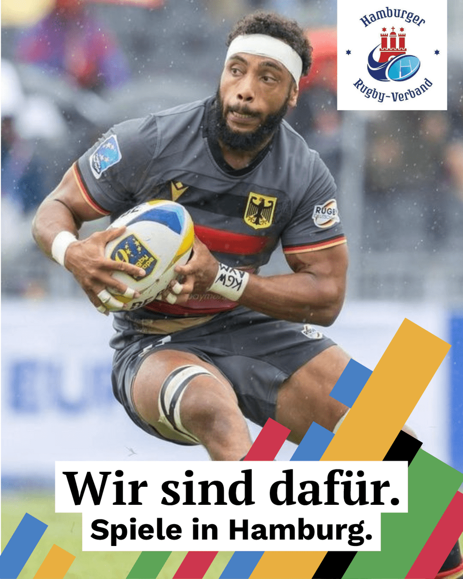 Hamburgs Olympiabotschafter Ben Ellermann vom FC St. Pauli in einer Spielszene mit einem Rugbyball in der Hand mit einem Kampagnenlog der Hansestadt im Vordergrund