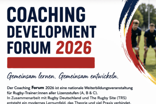 Ki-generiertes Foto mit einem Trainer und vier Spielern. dazu der Schriftzug Coaching Development Forum 2026 mit Angaben zu den Inhalten des Forums in Hamburg