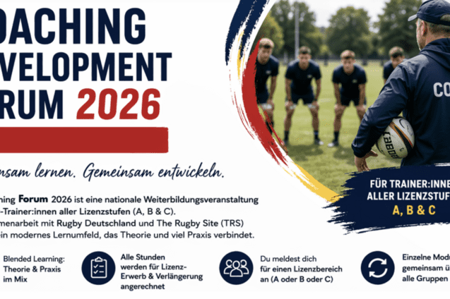 Ki-generiertes Foto mit einem Trainer und vier Spielern. dazu der Schriftzug Coaching Development Forum 2026 mit Angaben zu den Inhalten des Forums in Hamburg