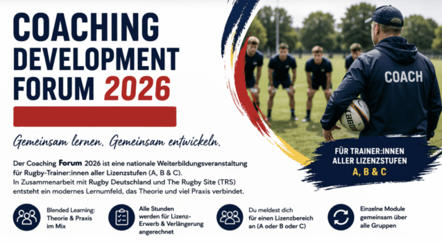 Ki-generiertes Foto mit einem Trainer und vier Spielern. dazu der Schriftzug Coaching Development Forum 2026 mit Angaben zu den Inhalten des Forums in Hamburg